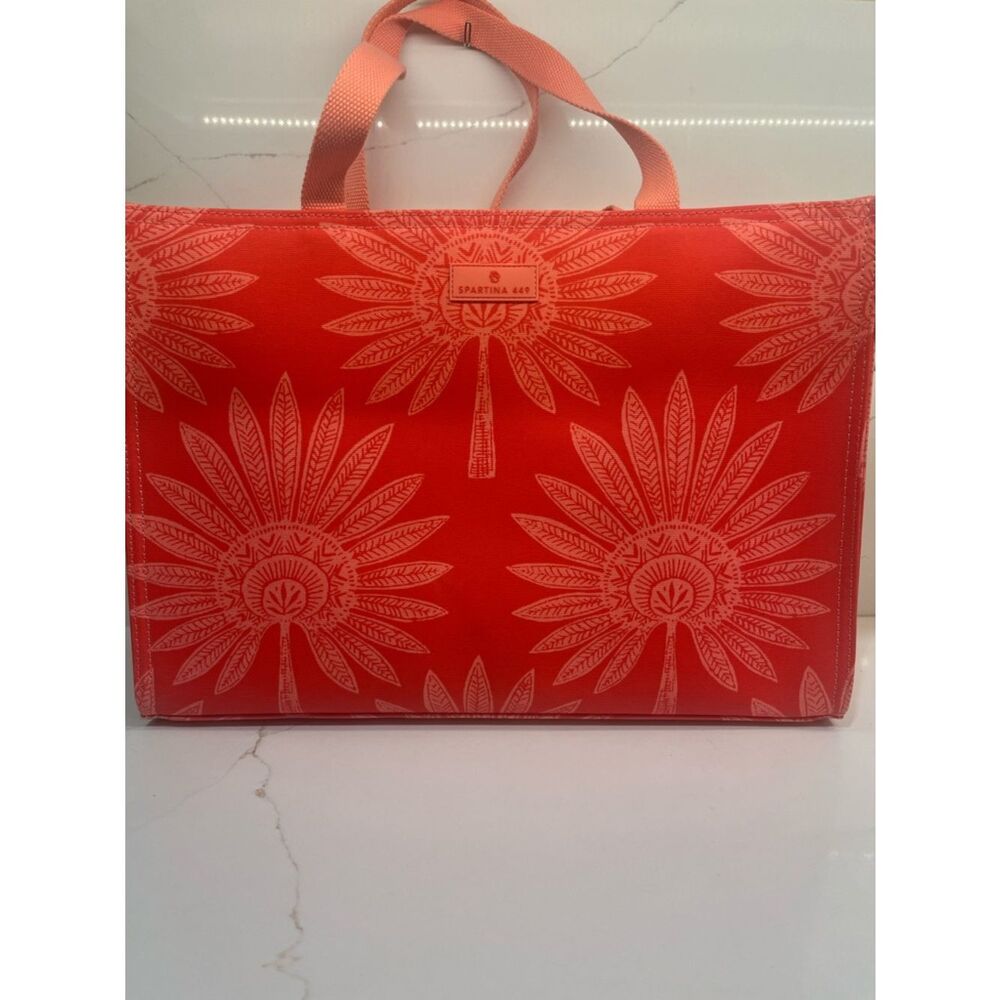 NWOT Spartina 449 Coral Floral Tote with Pale Pink Handles - Picture 3 of 8